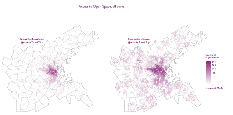 Figure 35 is a map that shows the number of open space opportunities accessible within a 45-minute public transit trip for zero-vehicle households and households with a vehicle in the Boston region.